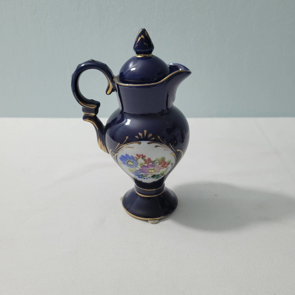 Vintage Cobalt Blue Limoges China Small Decorated Pitcher Size 6.5"H  12223-2Tcl